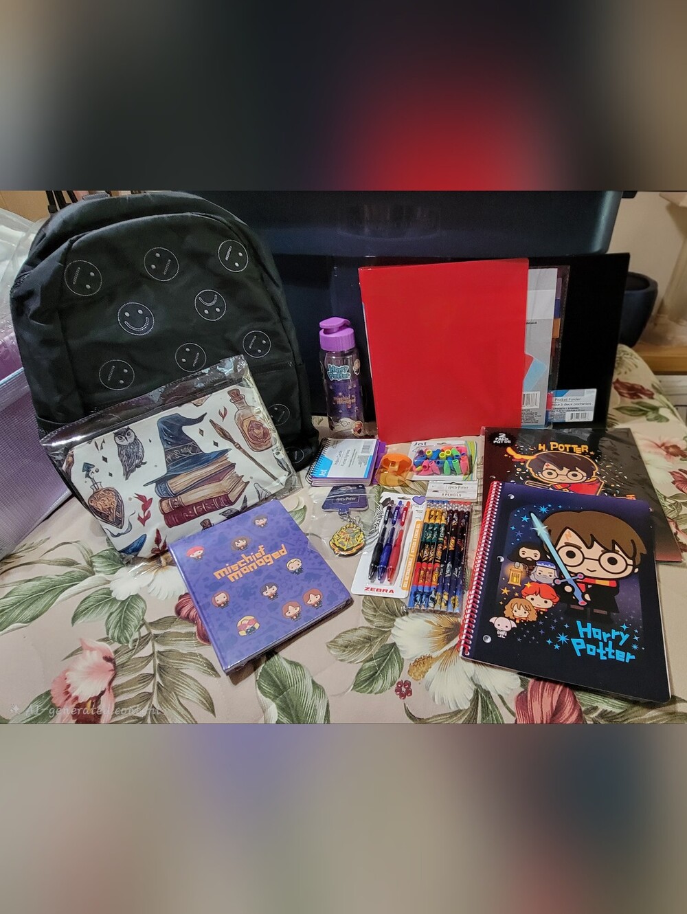 Warner Bros. Black Smiley Backpack and Colorful Harry Potter Stationery Set